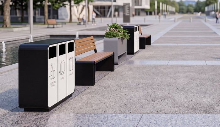 LVEN sorting bins, bench and planters installed in a city plaza